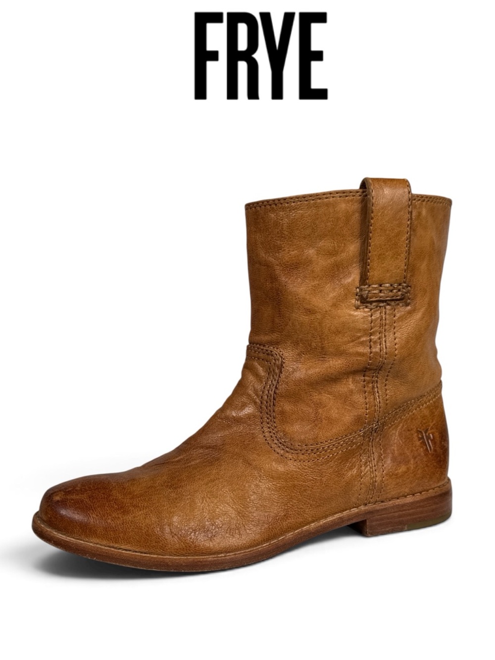 FRYE ANNA SHORTIE COGNAC LEATHER PULL ON ANKLE BOOTS MOTO WESTERN SIZE 6.5